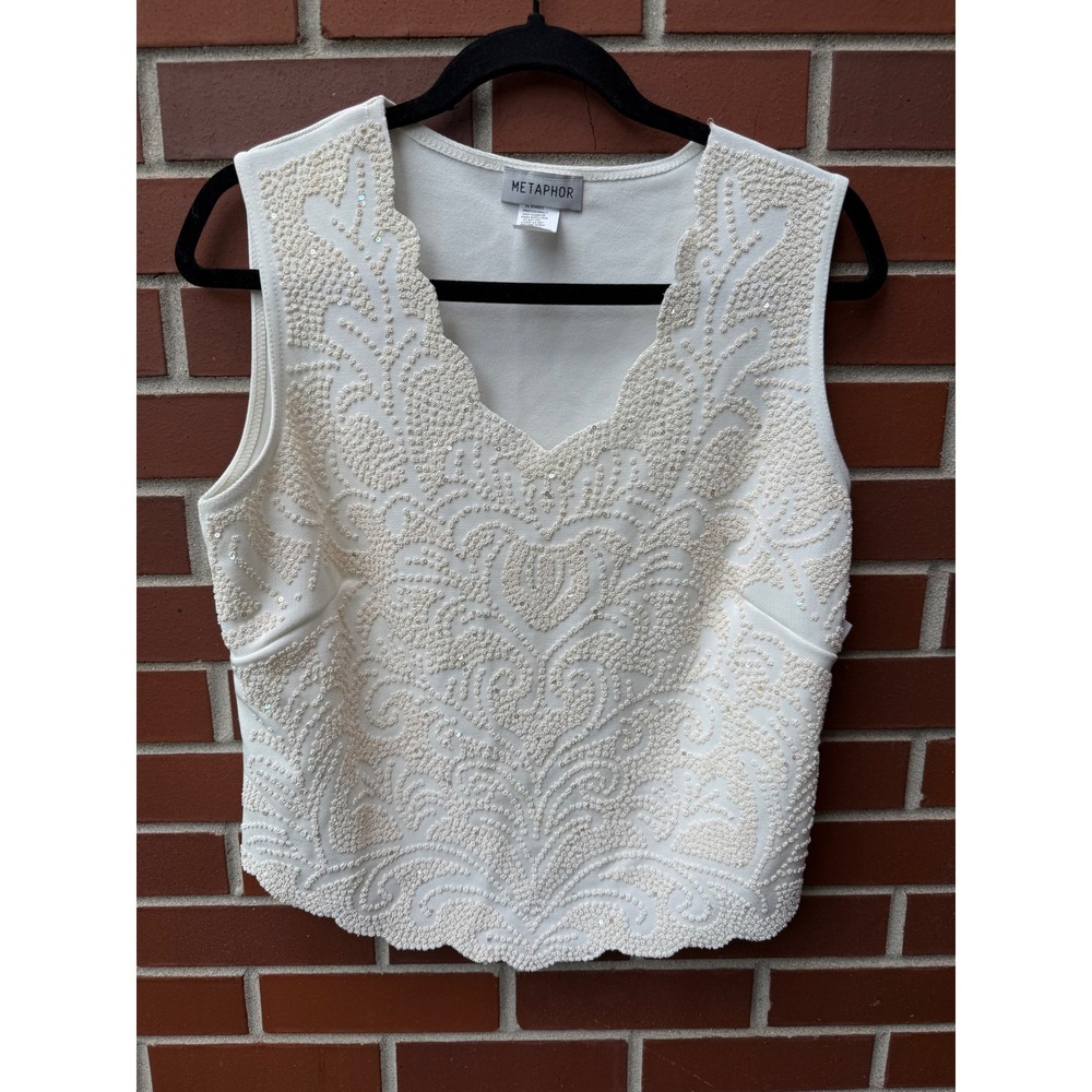 Metaphor Beaded Sleeveless Top Elegant‎ Party Tank Ivory Embellished Large